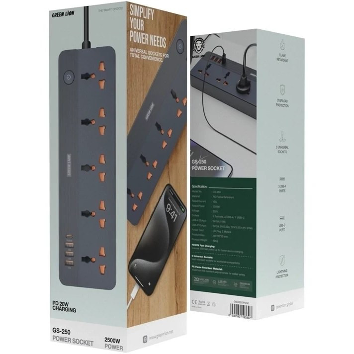 چندراهی برق گرین مدل GS-250 با ۵ درگاه و توان ۲۵۰۰ وات
